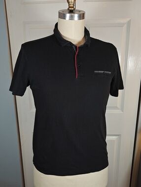 Visconti Black Men 100% Cotton Textured Knit Polo Shirt Red Trim Pocket XL